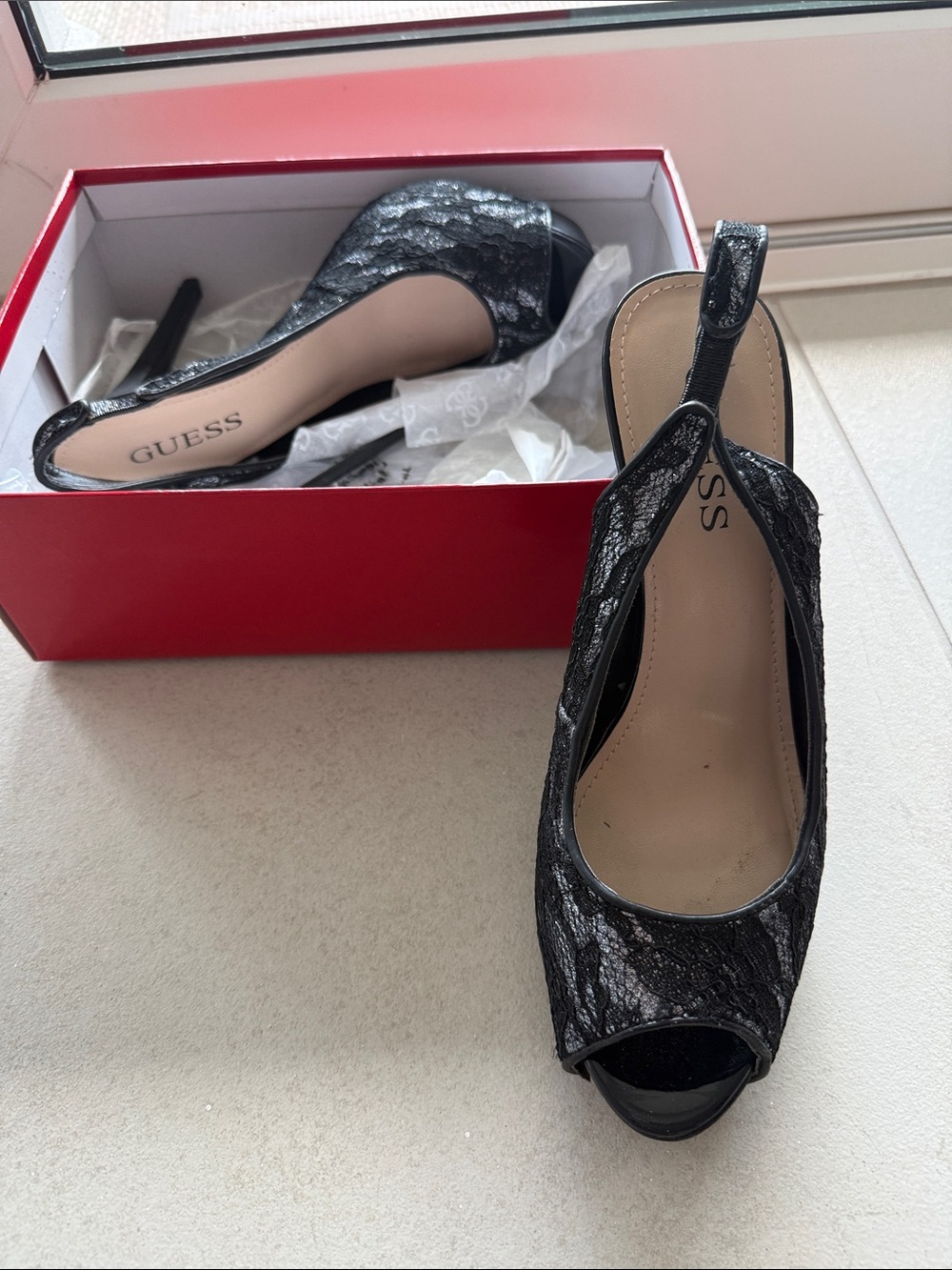 GUESS Black Lace Peep-Toe Slingback Heels